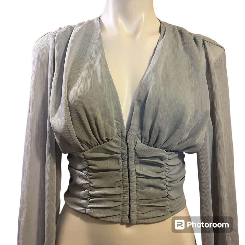 Gray long sleeved corset style blouse